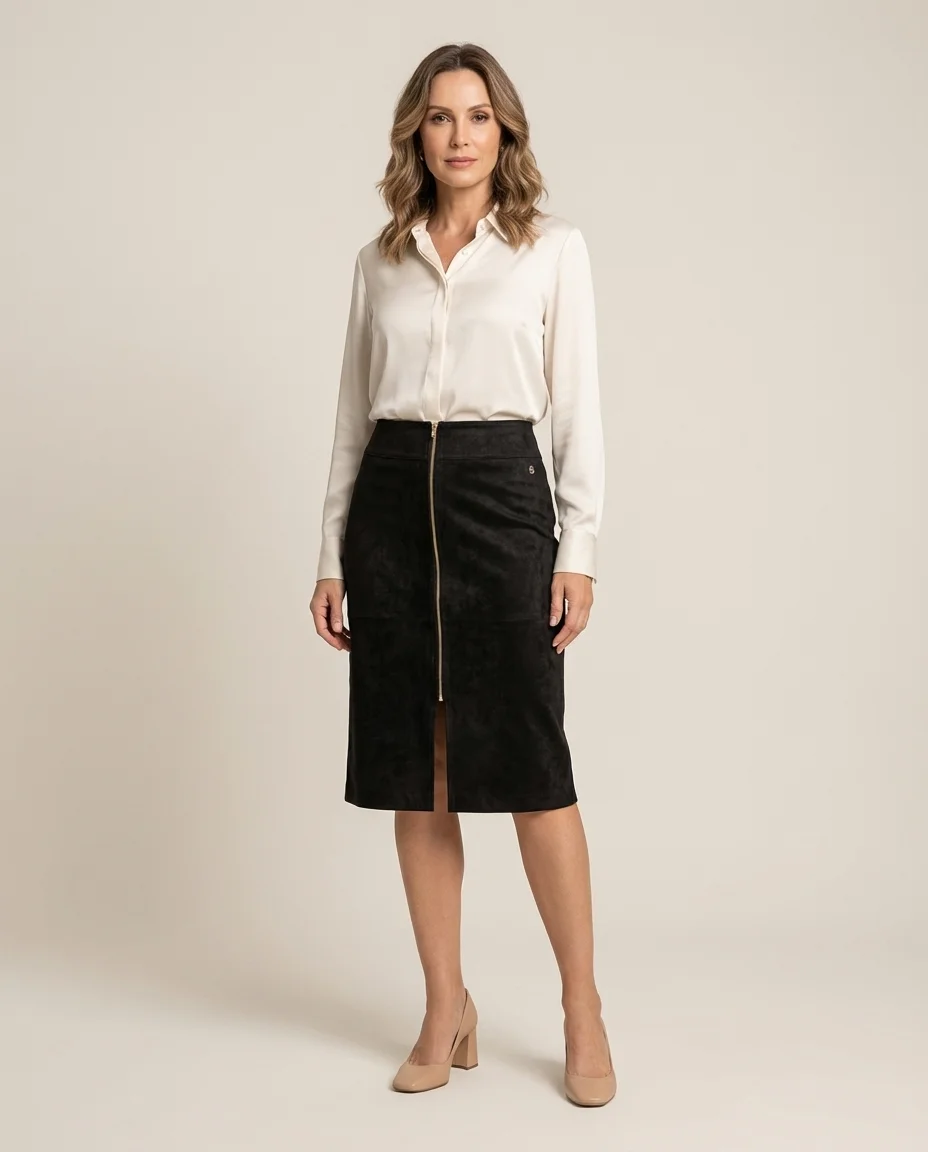 Saia Midi Suede com Zíper Frontal Via Tolentino