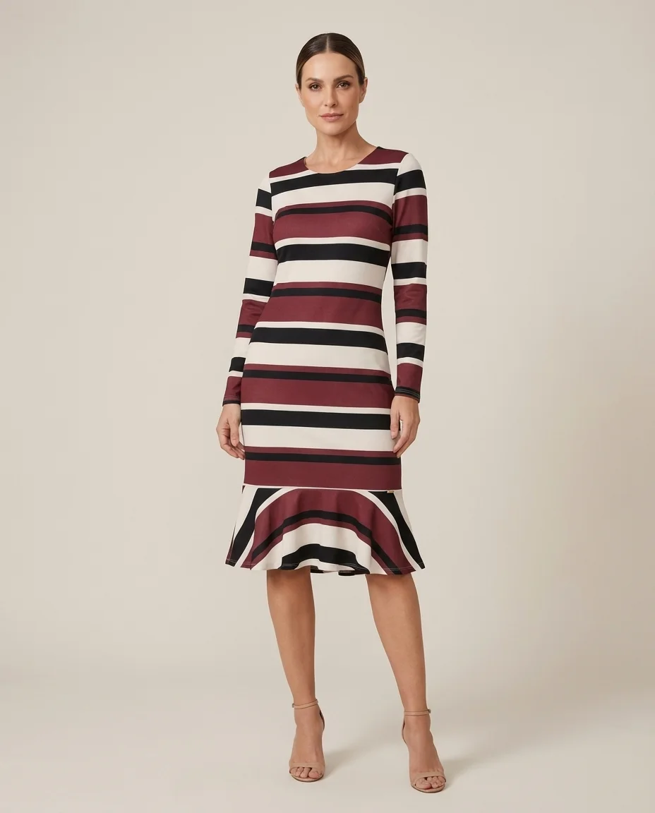 Vestido Midi Listrado com Babado Via Caruso